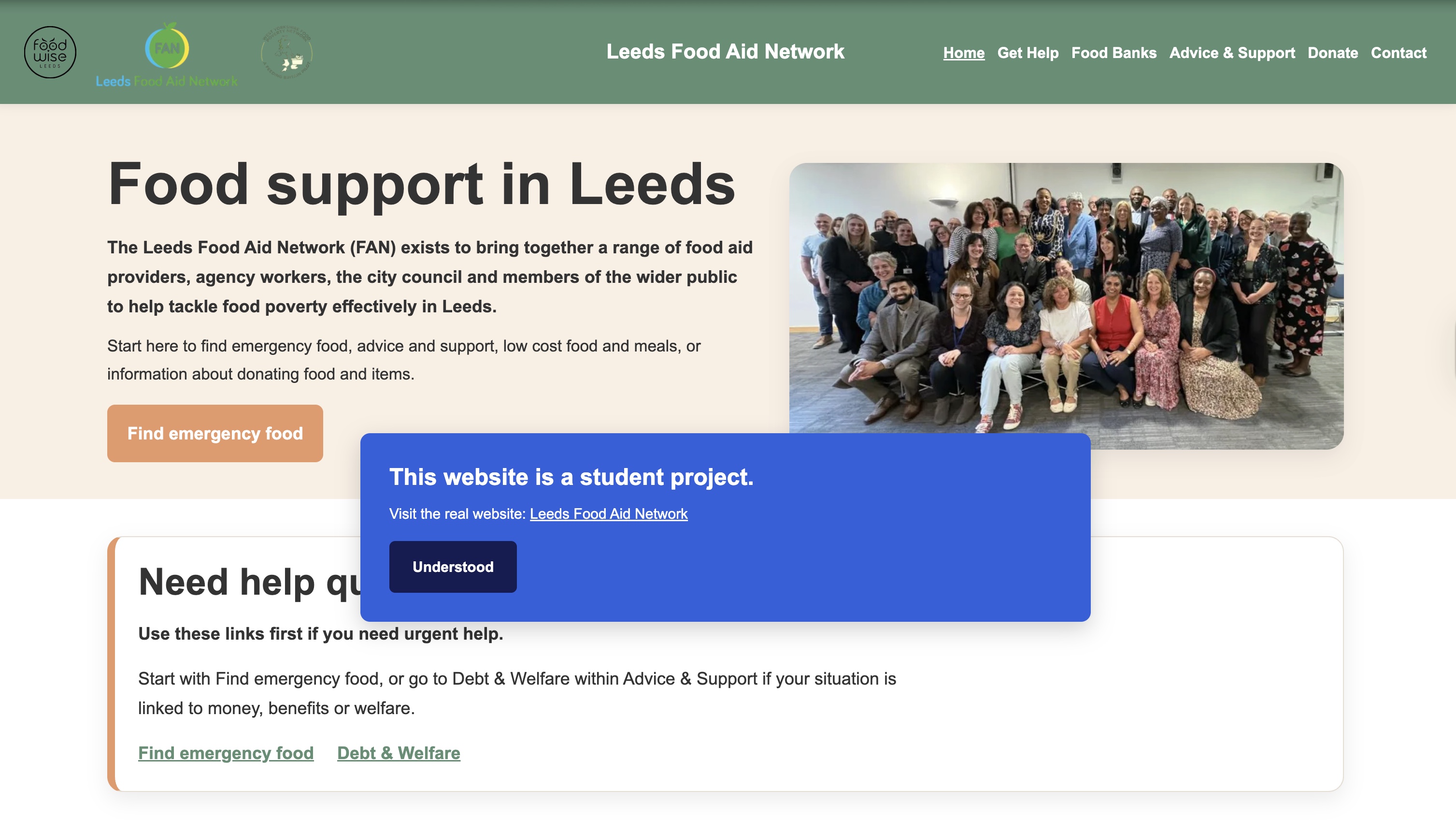 Screenshot preview of Leeds Food Aid Network redesign project